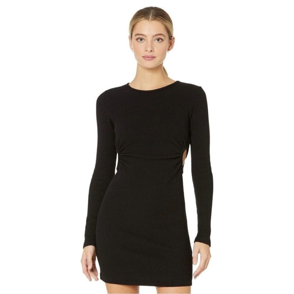 MONROW Layered Cutout Ribbed Knit Long Sleeve Bodycon Mini Dress Black L NWT